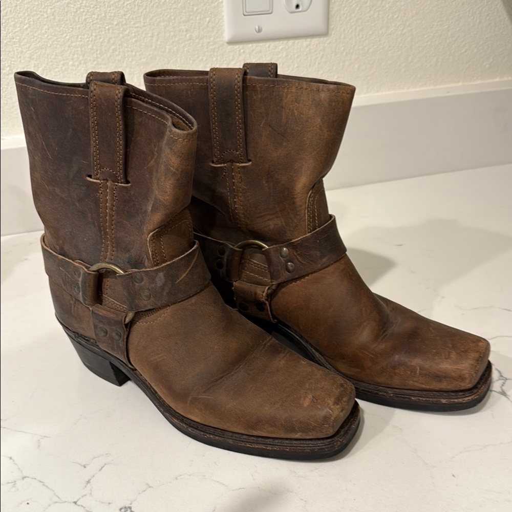 Frye Brown Cowboy Boots with Leather Harness and Square Toe